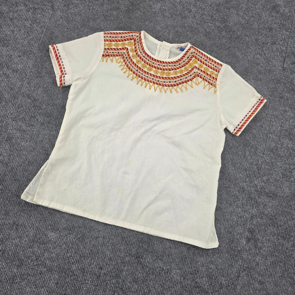 Vintage Renova Israel Embroidered White Cotton Blouse Short Sleeve Boho Top